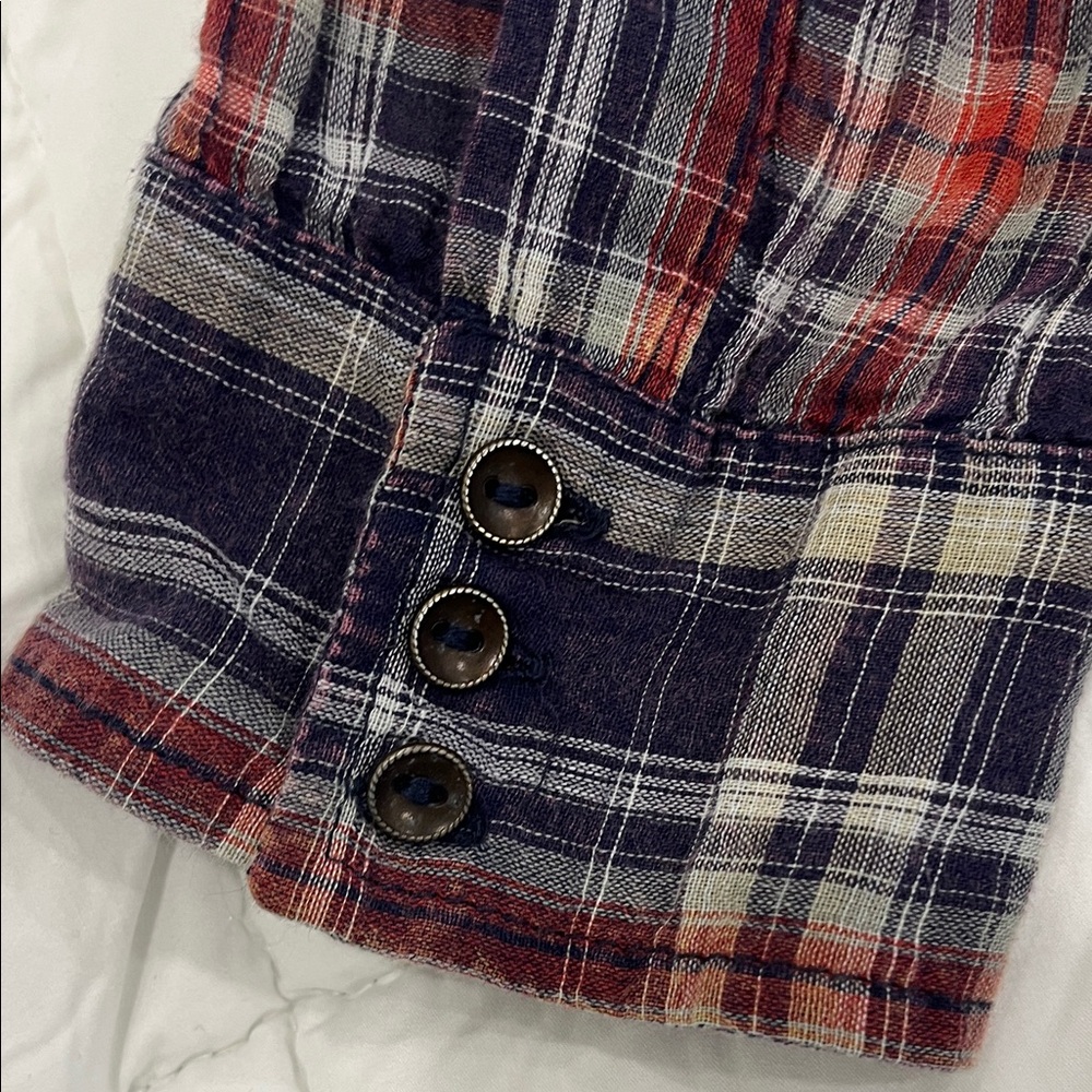 Free People Floral Lace Insert Plaid Cotton Top Long Sleeve Women's Size S - Picture 4 of 6